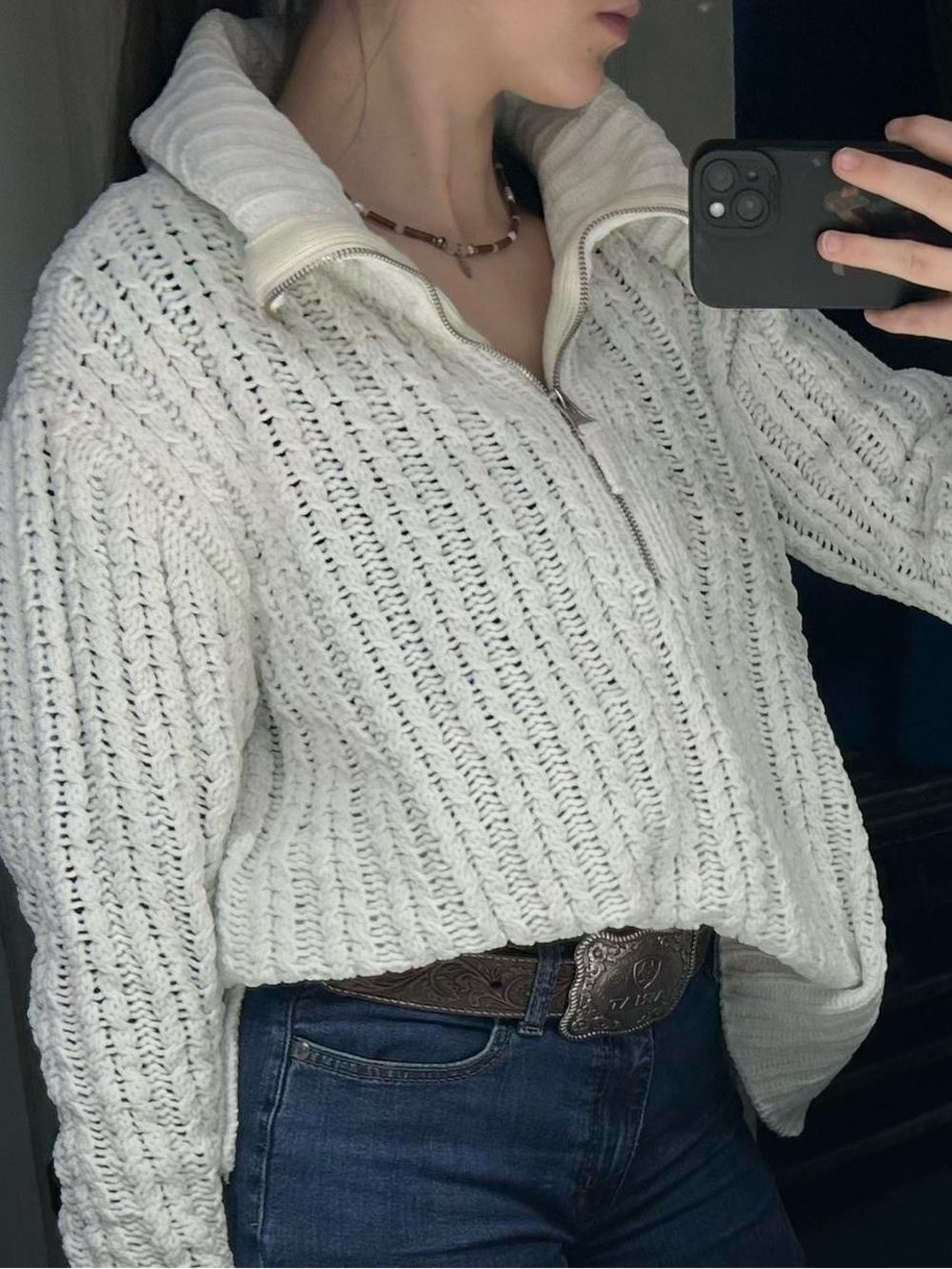 Cropped White Zip-Neck Knit Turtleneck Sweater